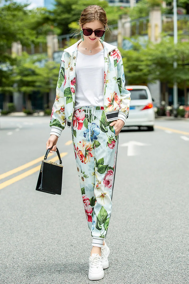 

Runway New Fashion High Quality 2020 Autumn Party Workplace Casual Baseball Uniform Tops Slim Trouser Flower Print Women'S Sets