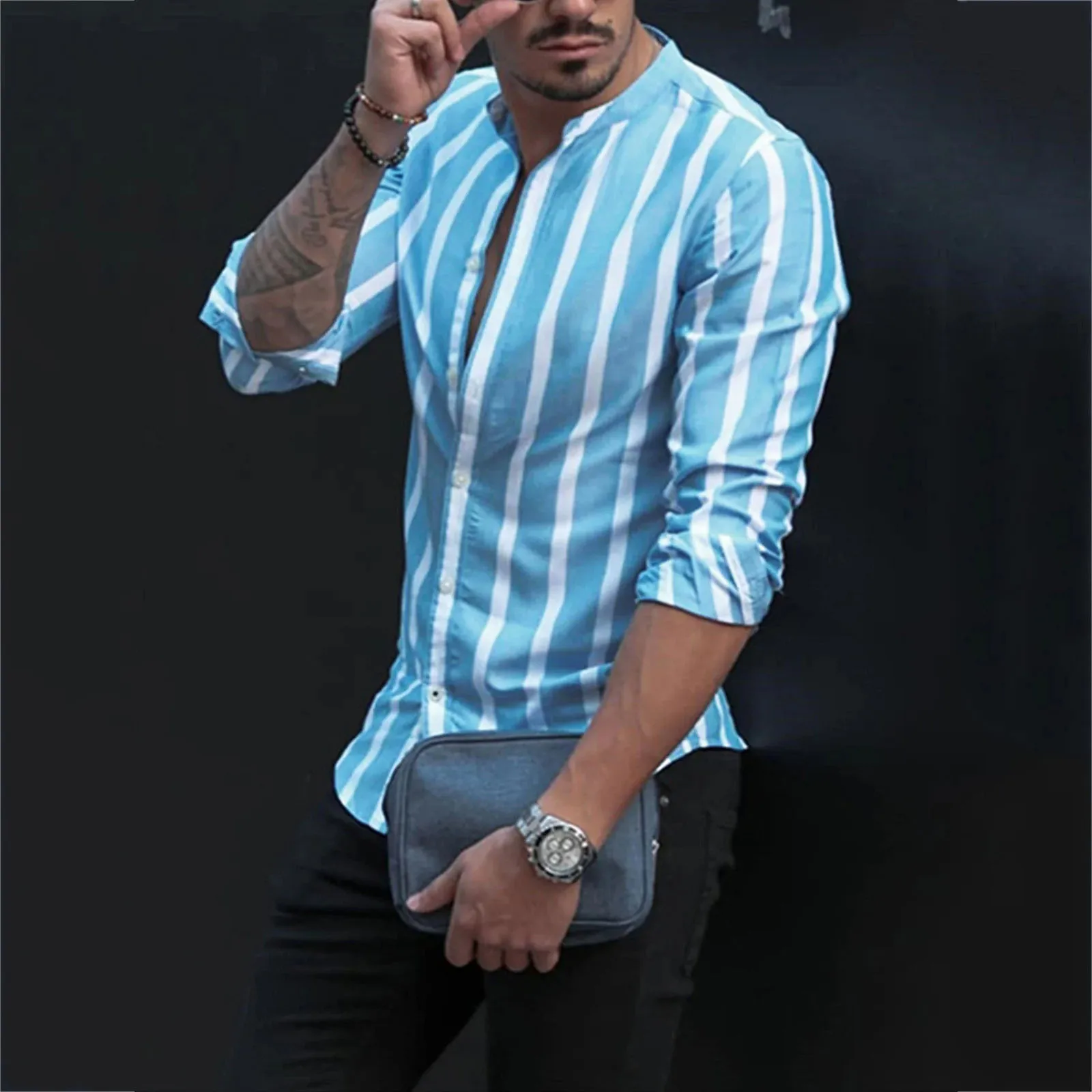 

Модная мужская Осенняя Повседневная рубашка в полоску с длинным рукавом и принтом, Повседневная рубашка в полоску с воротником-стойкой и дл...