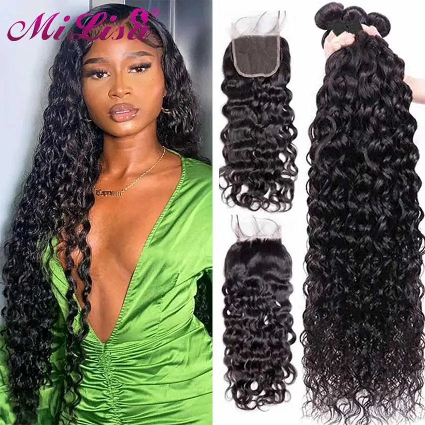 

30 inch Water Wave Bundles With Closure Peruvian Remy Human Hair Weave Water Natural Curly and 4x4 Preplucked Lace Closure Front