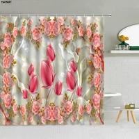 3d low key luxury pink rose flower graphic shower curtain set polyester fabric bathroom curtains with hooks printing home decor