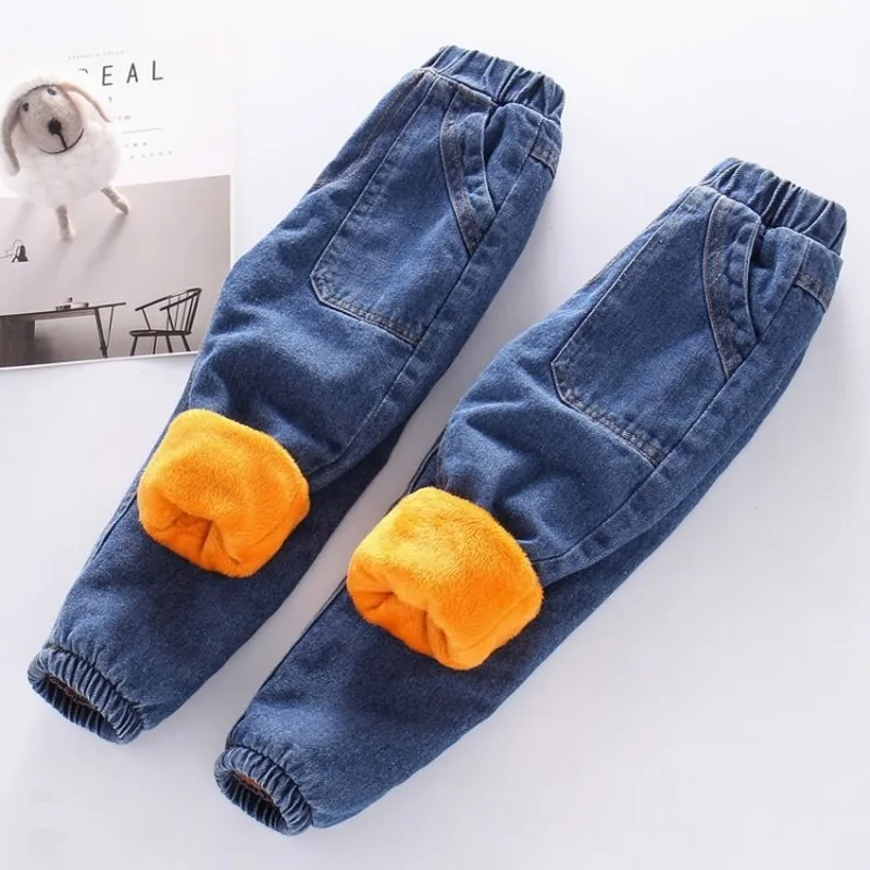 Boys Girls Thick Winter Warm Cashmere Jeans Children Plus Velvet Cotton Trousers Long Pants Kids Fashion | Мать и ребенок