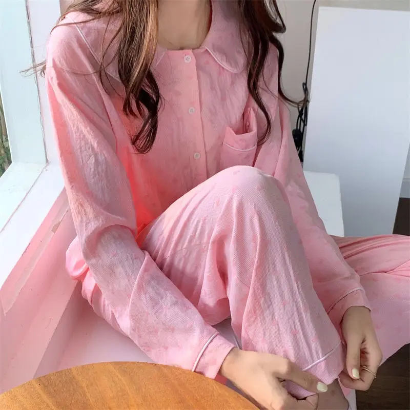 QWEEK Cotton Pajamas for Women Korean Heart Print Pijamas Autumn Sleepwear Kawaii Doll Collar Pyjama Female 2 Piece Set Homewear