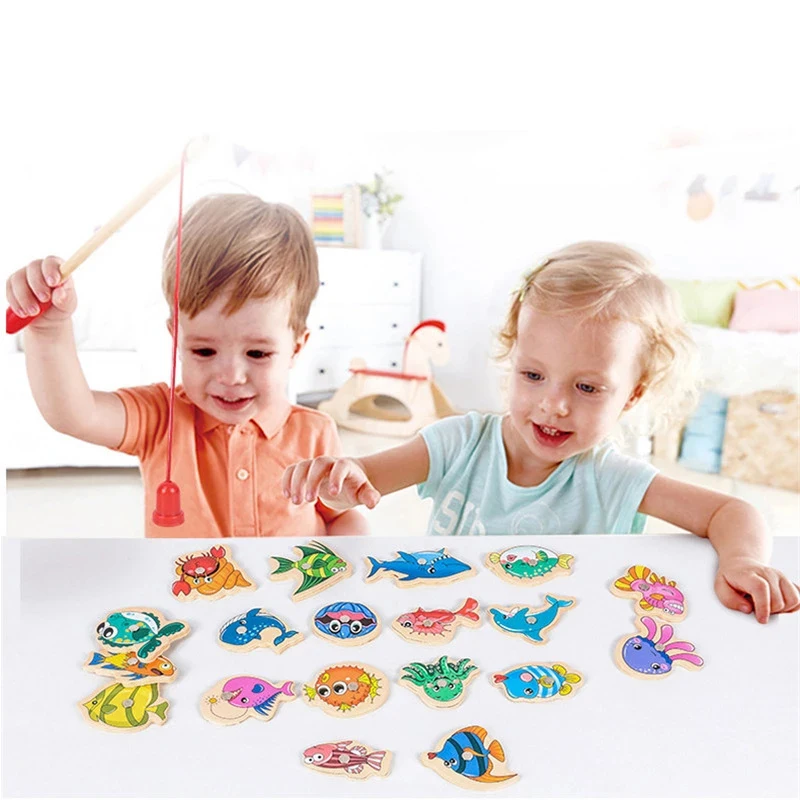 Wooden Magnetic Fshing Game Cartoon Marine Life Cognition Fish Rod Toys for Children Early Educational Parent-child Interactive | Игрушки и