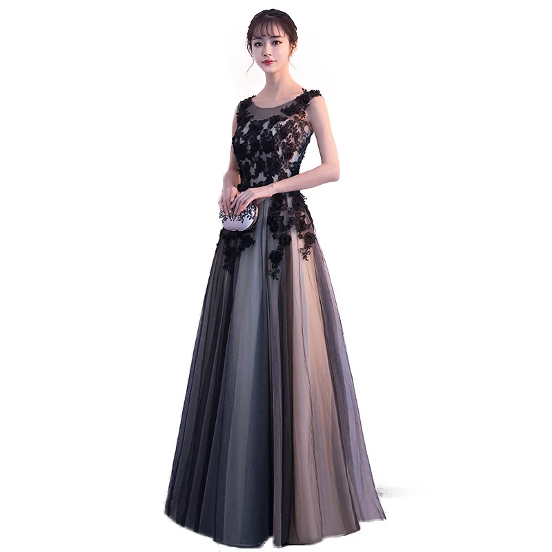 

Black Evening Dresses Elegant Lace Applique O Neck Corset Back Prom Party Gowns Floor Length Tulle Cheap Robe de Soiree
