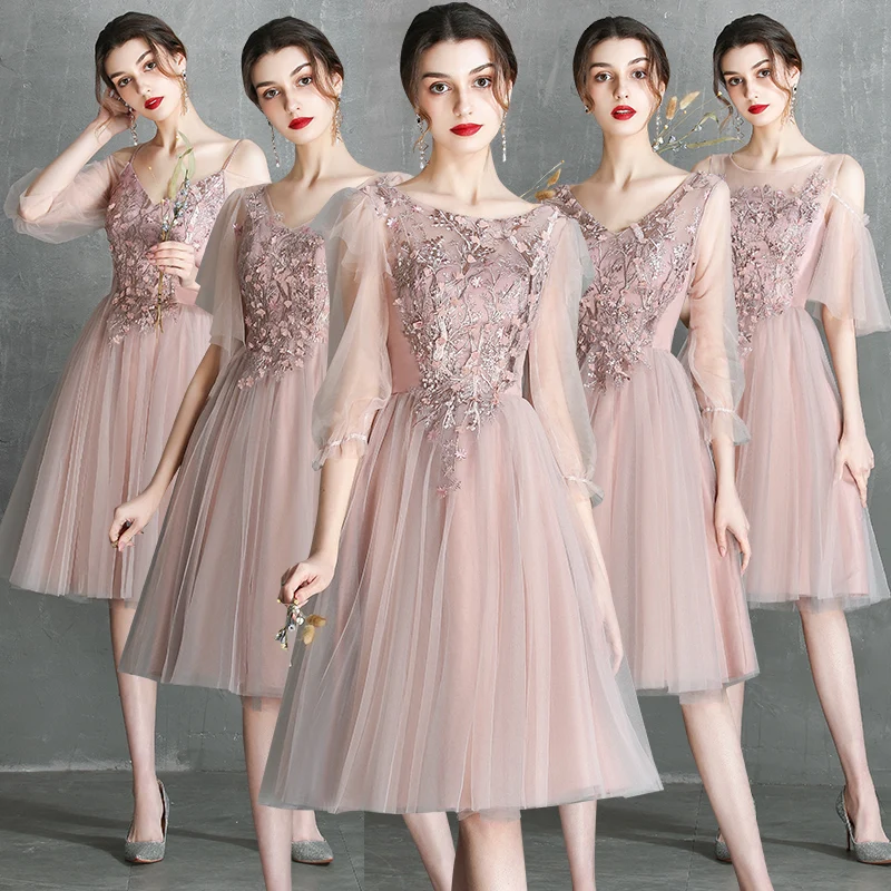 

Bridesmaids Dresses Illusion Half V-Neck Off The Shoulder Embroidery Appliques A-Line Lace Tulle Women Wedding Party Gown E330