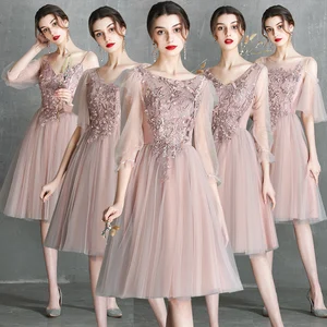 Bridesmaids Dresses Illusion Half V-Neck Off The Shoulder Embroidery Appliques A-Line Lace Tulle Women Wedding Party Gown E330 Bridesmaids Dresses Illusion Half V-Neck Off The Shoulder Embroidery Appliques A-Line Lace Tulle Women Wedding Party Gown E330