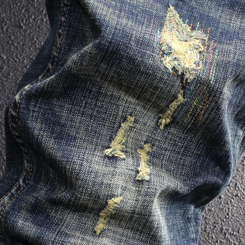 European Vintage Fashion Men Jeans High Quality Retro Blue Elastic Slim Ripped Jeans Men Embroidery Designer Casual Denim Pants