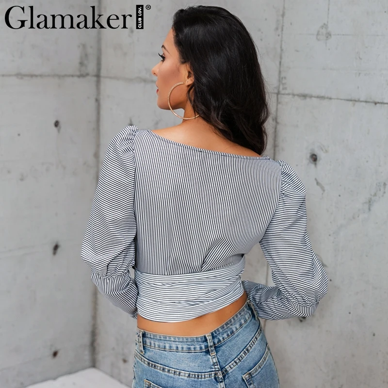Glamaker Sexy long puff sleeve black blouse shirt Women striped belt crop top Autumn female v neck elegant blusas | Женская одежда