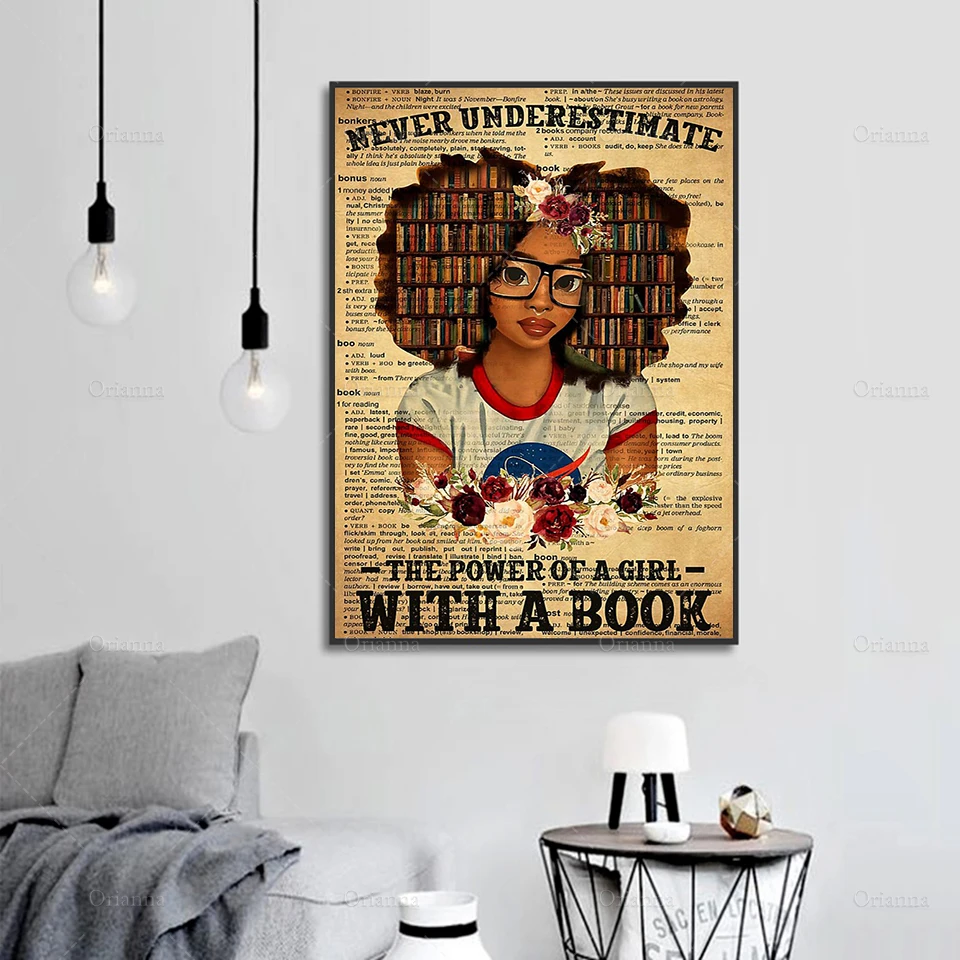 

Never Underestimate The Power Of A Girl With A Book Reading Poster, Book Poster, Black Poster, Book Print, Africa America Poster