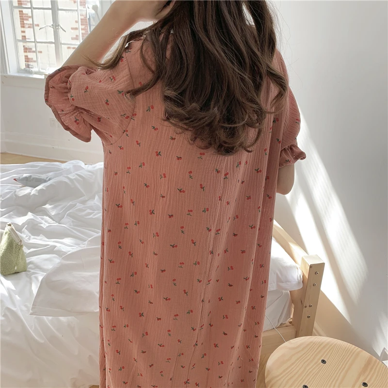 

Cherry Print Summer Nightgown Women O-Neck Short Sleeve Cotton Korean Sleepwear Nightdress Long Midi Dress Pink Homewear