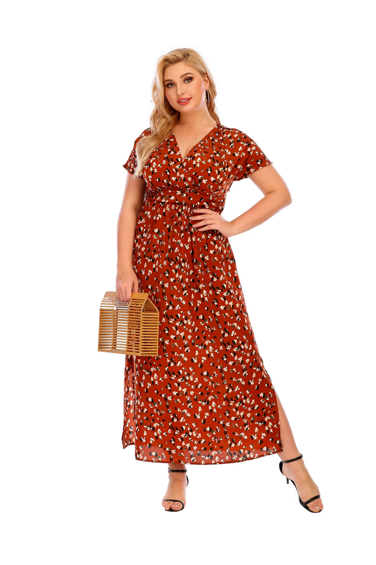 

Plus Size 6XL Floral Print Dress Short Sleeve Women Maxi Dress V Neck Loose Ladies Dresses Beach Sundress Mujer C221