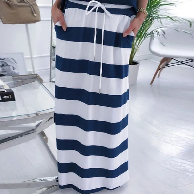 

Women Off Shoulder Blouses T-shirt & Striped Maxi Dress Summer Slim Slash Neck 2 Pieces Sets Female Casual Ankle-Length Dress