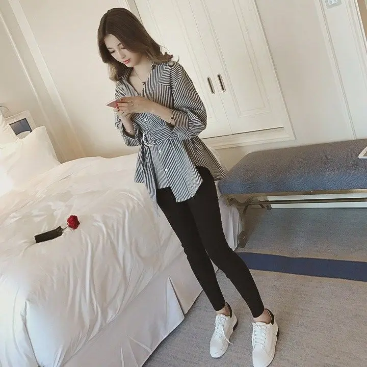 Женская Асимметричная блузка в полоску Корейском стиле с поясом и