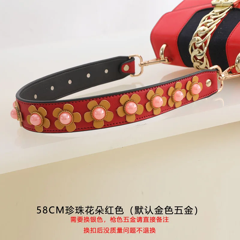 Женская широкая сумка на плечо с жемчужинами и цветами кожаный ремешок