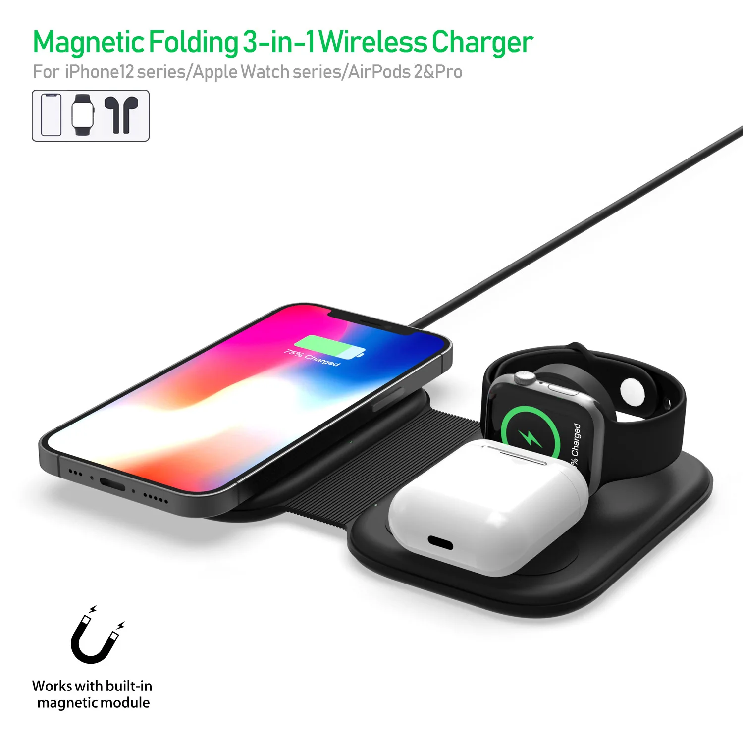 

15W fast wireless charger magnetic portable 3 in1For iPhone 12 11 Pro XS MAX XR X 8 Apple Watch SE 6 5 4 3 AirPods Pro