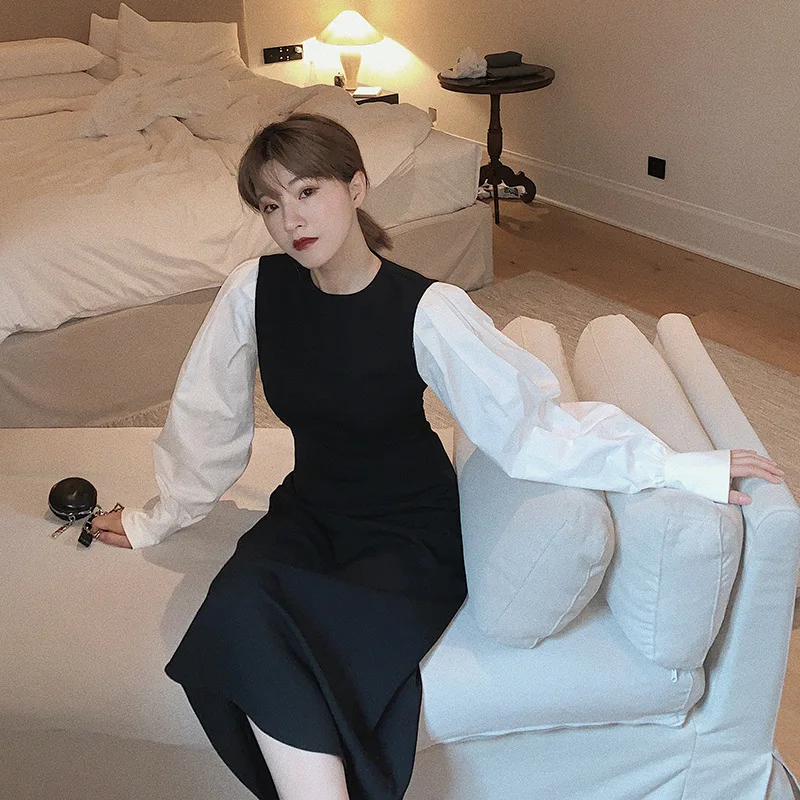 Женское винтажное платье в стиле пэтчворк два контрастных цвета с пышными