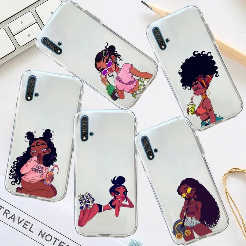 

Girl cartoon african woman melanin Phone Case Transparent for Huawei honor P mate 40 20 30 10 50 i 9 x mate pro lite 8a