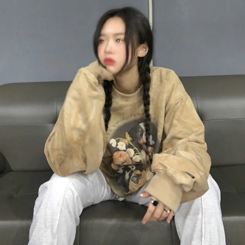 

Warm Pullover Long Sleeve Student No Hat Hoodies Women Trendy Harajuku Tie Dye Cartoon Printed Sweatshirts Loose Thicker