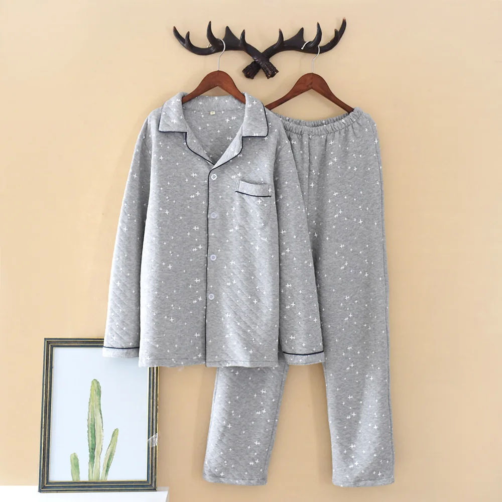 Thicken stars gray Японские зимние теплые пижамные комплекты для мужчин, сексуальные, в морском стиле, плотные, хлопок, простая домашняя одежда для сна, Мужская домашняя одежда - Цвет: Thicken stars gray
