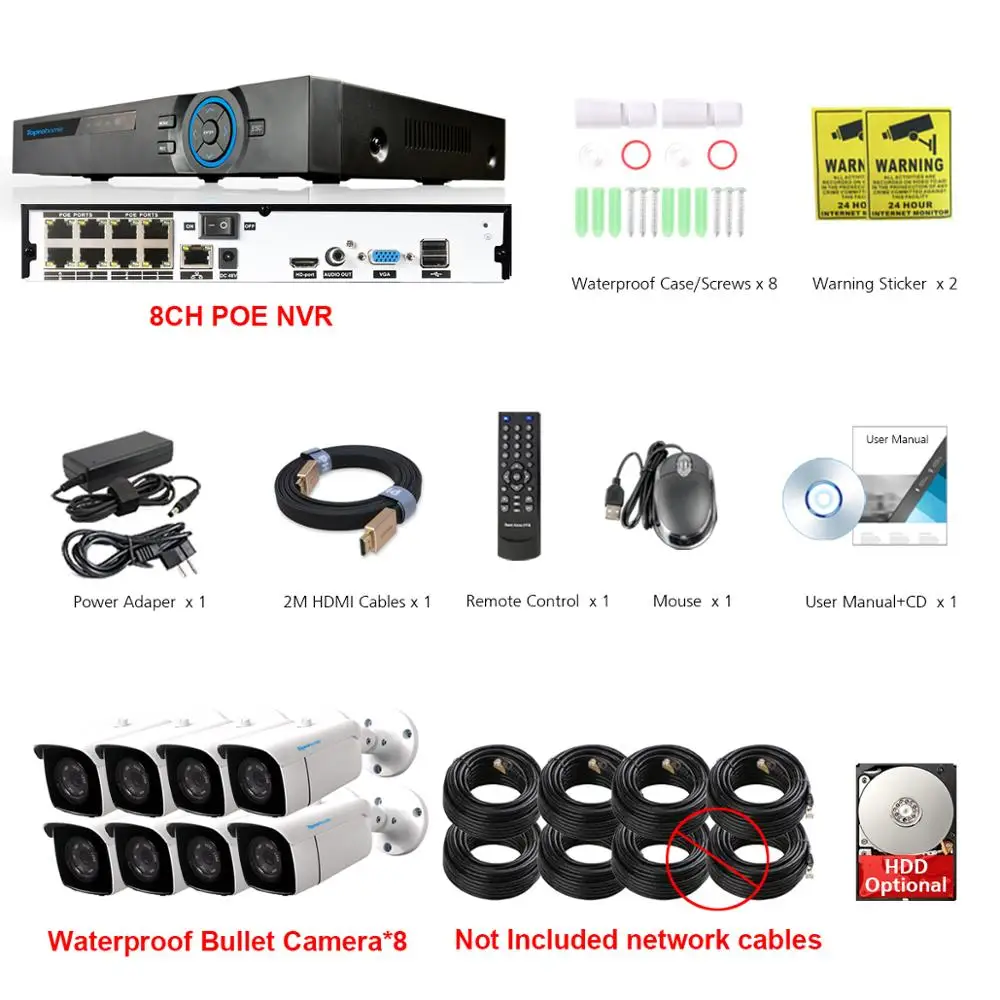 8 Camera No Cables TOPROHOMIE H.265+ 8CH POE NVR комплект 48 В 2MP день ночное аудио запись Водонепроницаемый POE Комплект ip-камеры 8CH 1080P система наблюдения камеры - Цвет: 8 Camera No Cables