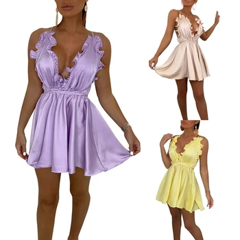 Kayotuas Women Dress Summer Boho Sleeveless V-Neck Ruffles Sexy Girls Office Ladies Elegant Evening Party Gown Sundress 1