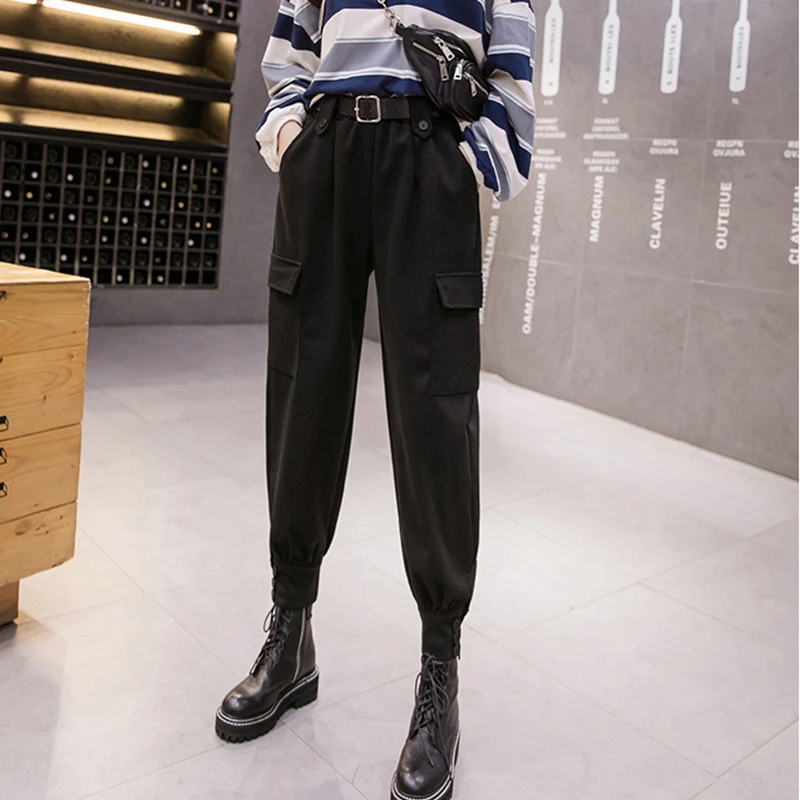 

Fashion Streetwear Cargo Pants Women Female Loose Ankle-Length Trousers Plus Size Muti-Pockets Women's Pants with Sashes