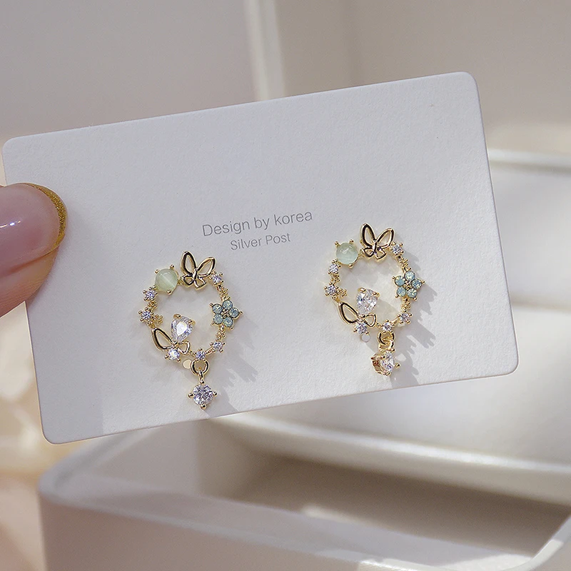 

Romantic 14k Real Gold Fshion Simple Gemstone Wreath Earring for Girl AAA Zirconia Temperament Stud Earrings Wedding Jewelry
