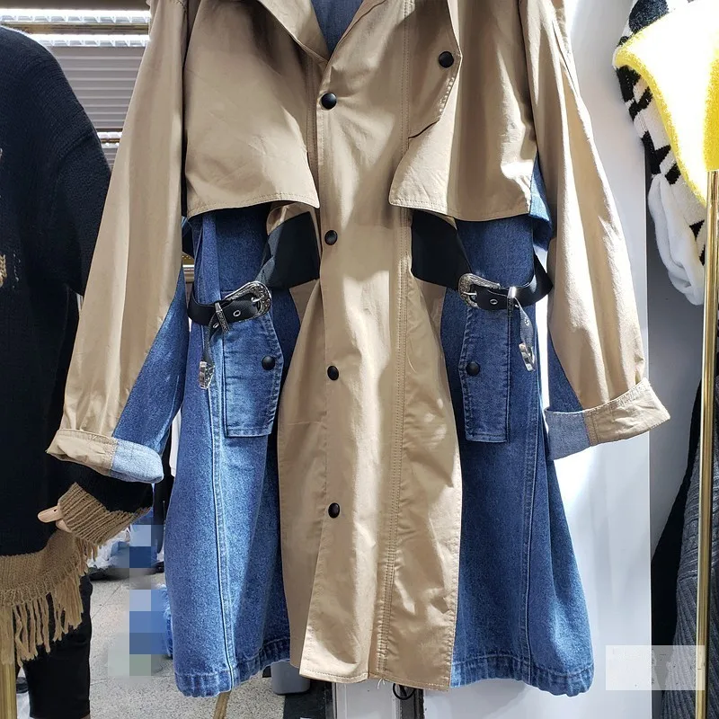 

Autumn Winter New Jean Spliced Long Trench Office Lady Fashion Skirt Sashes Pockets Single Breasted Loose Overcoat Womens