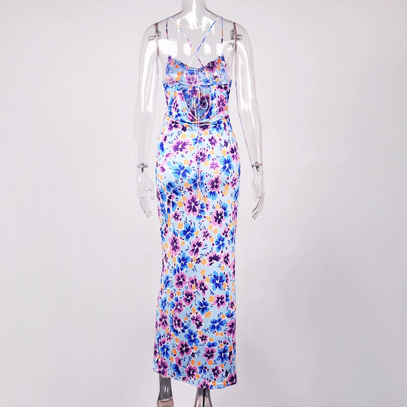 

Print Summer Dress Woman Backless Lace up Sleeveless Slip Dress Ladies Casual Long Beach Robe Fashion Sexy Party Wear