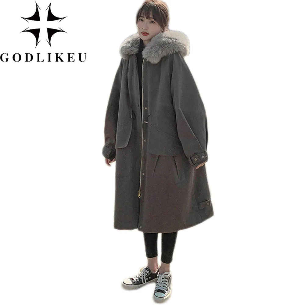 

Женская хлопковая куртка GODLIKEU на весну и зиму, женская модная Толстая длинная парка в Корейском стиле, пальто с капюшоном из искусственного ...