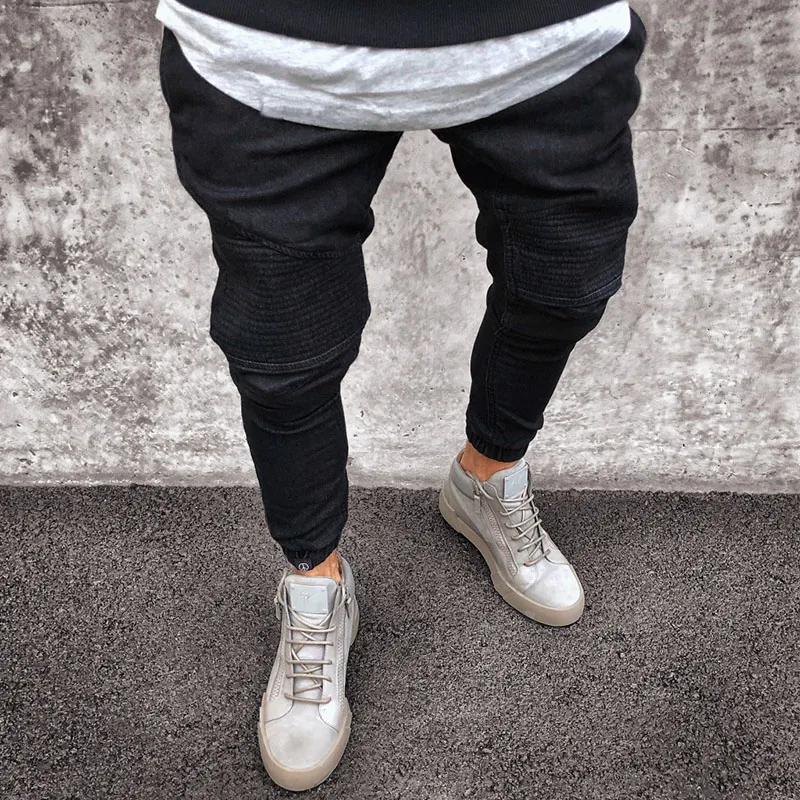 Mens Skinny Black Jeans Fashion Slim Fit Pleated High Waisted Jeans Men Casual Ankles Elastic Denim Pencil Pants