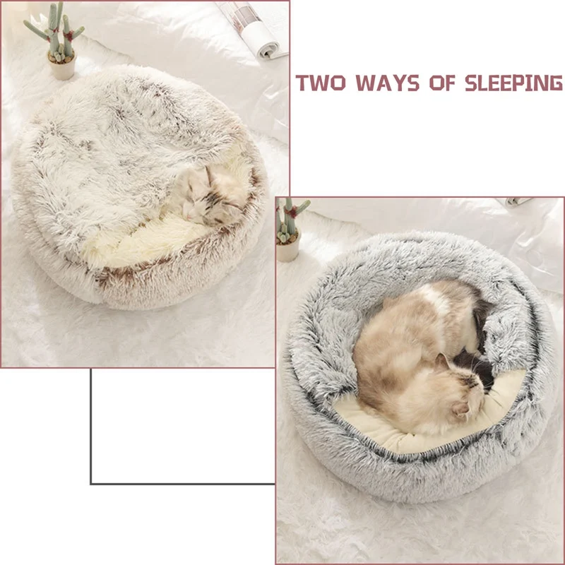 

New Style Pet Dog Cat Bed Round Plush Cat Warm Bed House Soft Long Plush Bed For Small Dogs For Cats Nest 2 In 1 Cat Bed