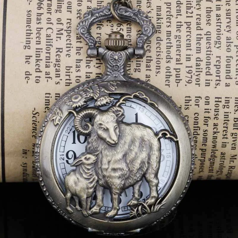 

Unisex Kids Quartz Pocket Watches Engraved Sheep Zodiac Symbol Hollow Fob Watches Chain Watch for Men Women