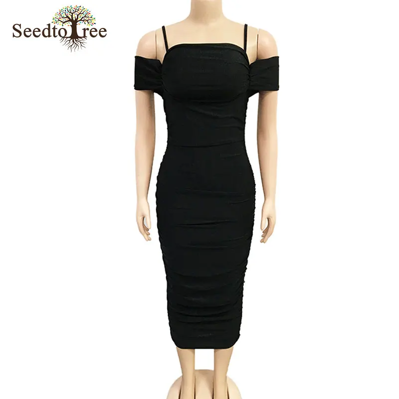 

Solid Spaghetti Strap Pleated Mid-calf Bodycon Dress Women Sexy Off Shoulder Square Neck Ruched Summer Dresses