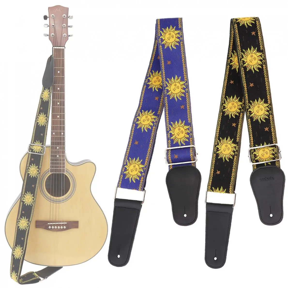 gitarre strap jacquard weave doppel stoff blume muster echtem leder enden mit für akustische elektrische gitarre free global shipping