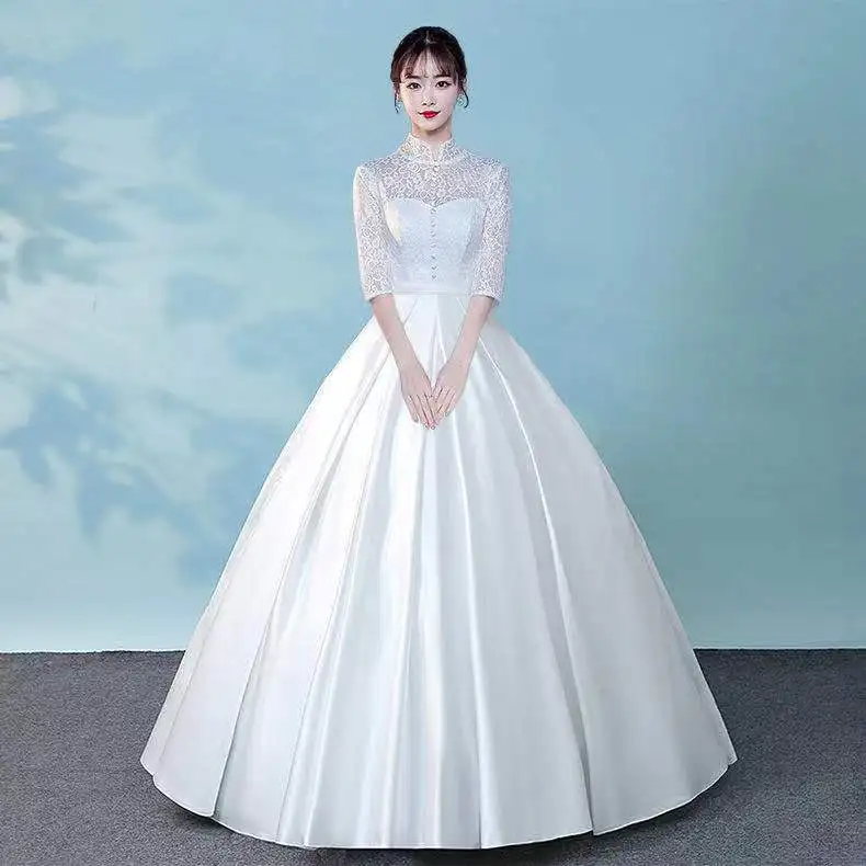 

Wedding Dresses Illusion High Half Tulle Lace Embroidery Button Bow Floor-Length Luxury Vintage Elegant Women Bride Gown GB249