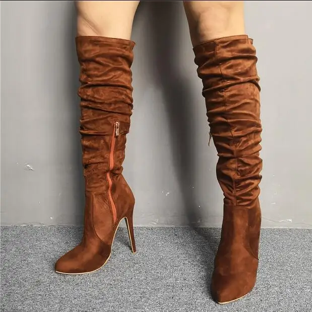 

Hot Selling Brown Suede Women Knee High Boots Pointed Toe Side Zipper Pleated Tight High Boots Thin Heels Banquet Shoes Pumps