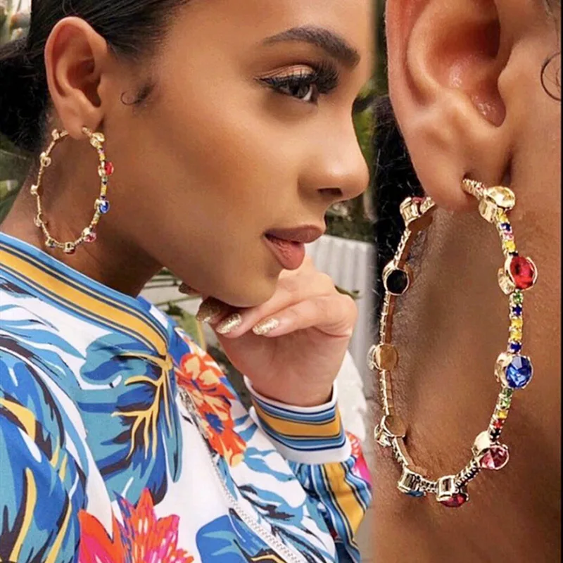 

Africa Trend Luxury Muitlcolor Rhinestone Hoop Earring Women's Pircing Cricle Drop Earrings Party Daily Fashion Jewelry Gifts