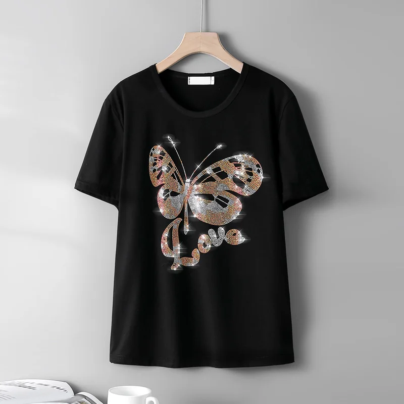 

Summer Breathable New Fashion short-sleeve T-shirts female personality Butterflies Hot diamonds Pattern Loose Casual women tops