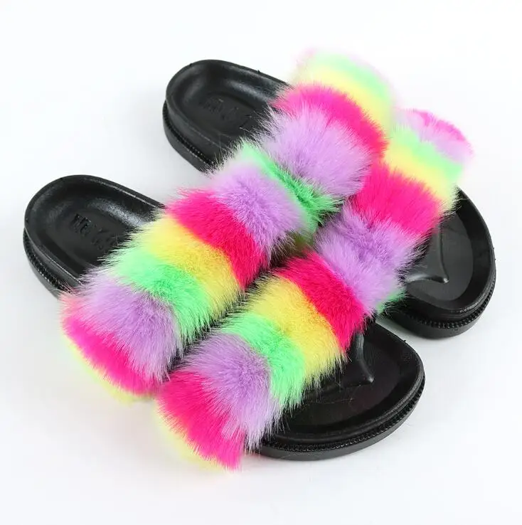 

Autumn/winter New 2020 Women Fox Fur Slippers Double Belt Fur Slippers Thick Bottom Flat Heel Foreign Trade Sandals Home Durable