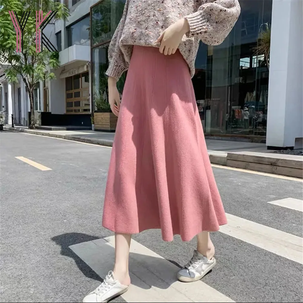 

8 Solid Colors Drape A-Line Knitted Midi Skirts Aesthetic Elegant Korean Y2k Sukienka Women Autumn Winter Classic Wool Yarn Saia