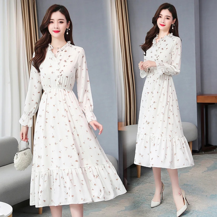 2021 в винтажном стиле Женские белые шифоновые платья средней длины Сезон