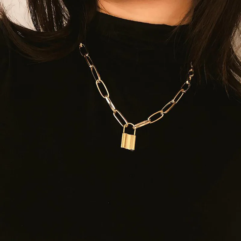 Rock Choker Lock Necklace For Women Christmas Gift 2021 Punk Gold Chunky Chain Mujer Key Padlock Pendant Necklaces Party Jewelry