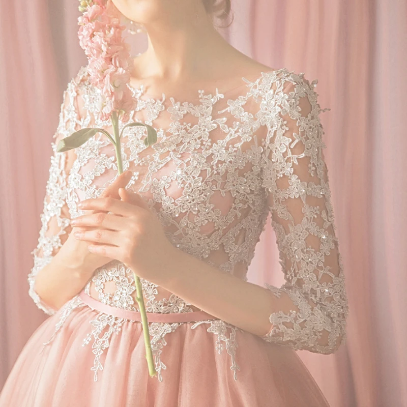 

Bespoke Occasion Dresses Illusion O-Neck Three Quarter Embroidery Sequined A-Line Lace Tulle Pink Women Wedding Party Gown TS119