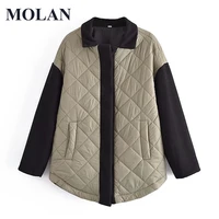 molan winter patchwork padded jacket long sleeve fashion vintage chic singal breasted female clothes warm outwear coat top