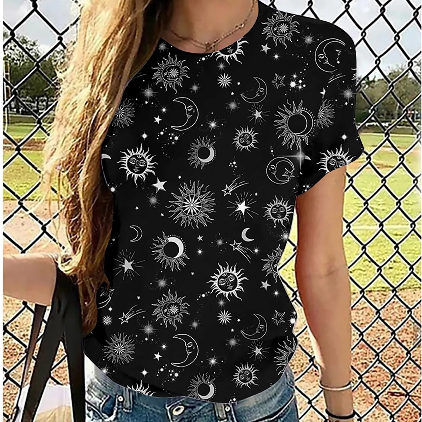 

Women 2021 Summer Short Sleeve Sun Moon Fashion Print Lady T-shirts Top T Shirt Ladies Womens Graphic Female Tee T-Shirt New