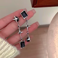gsold new four pointed star link long tassel black rhinestone pendant earrings silver color metal for women dangle drop earrings
