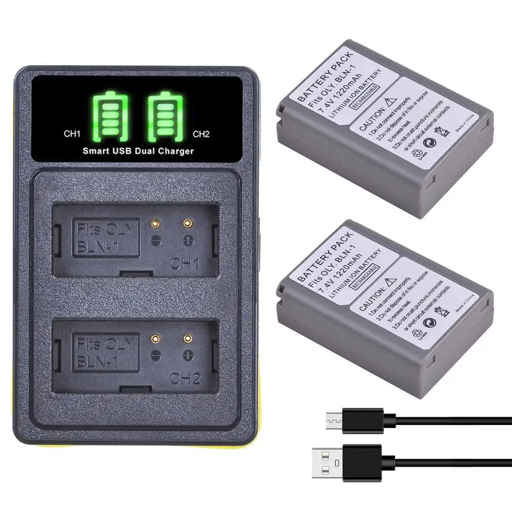 

2 шт. для Olympus BLN-1 аккумуляторные батареи + двойное зарядное устройство usb для Olympus OM-D E-M1 Mark II E-M5 EM1 EM5 PENF EP5