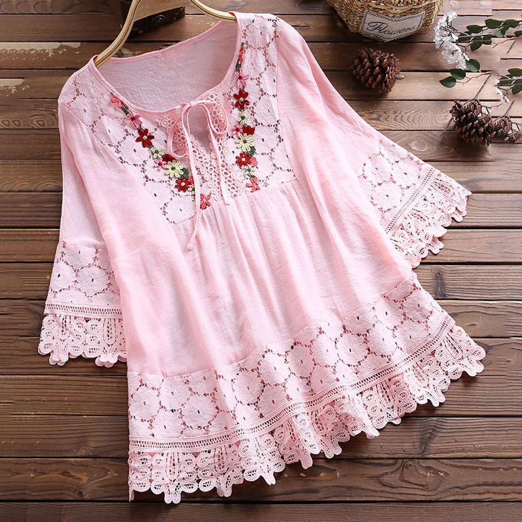 Women's Lace Blouse Plus Size 5xl Summer Tops Bohemian Long Sleeve Shirts Female V Neck Hollow Blusas Female Loose Tunic A20