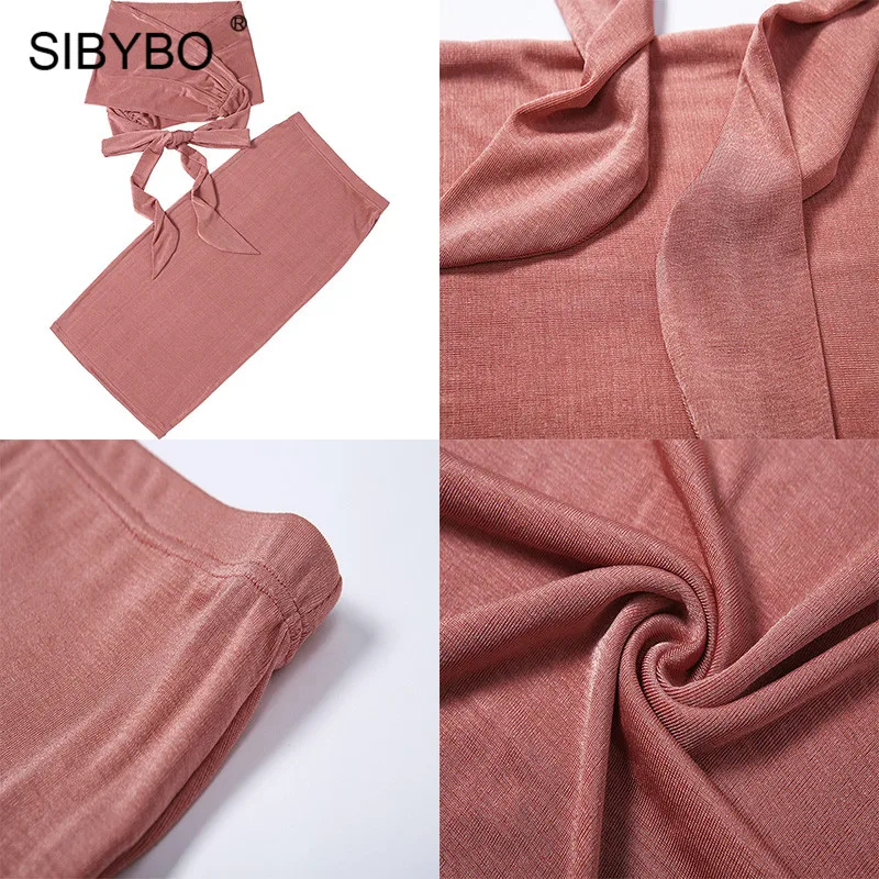 SIBYBO бандаж голые плечи сексуальный комплект из двух частей платье с перекрестным v-образным вырезом с высокой талией осеннее платье для женщин однотонные вечерние платья с открытой спиной